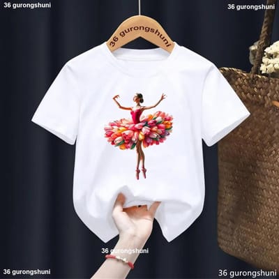 T-shirts en coton imprimé danse classique pour fille mignonne Vêtements Kawaii pour filles Été Enfants Manches courtes Haut blanc 140 white