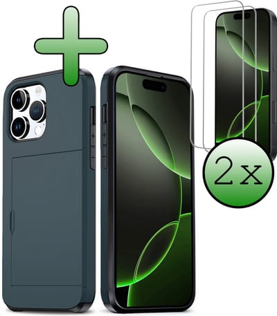 Hoes Geschikt voor iPhone 16 Pro Hoesje Hard Case Met Pas Houder Met 2x Screenprotector - Hoesje Geschikt voor iPhone 16 Pro Hoes Shockproof Hard Cover Met Kaarthouder - Donkerblauw
