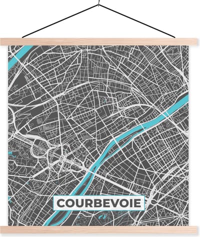 Posterhanger incl. Poster 40x40 cm - Schoolplaat - Kaart – Stadskaart – Frankrijk - Courbevoie - Plattegrond - Textielposter - Blanke latten - Stadskaart