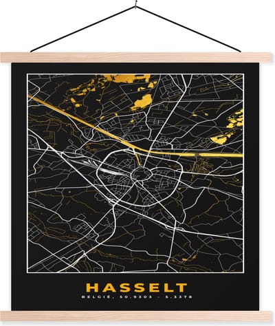 Posterhanger incl. Poster 40x40 cm - Schoolplaat - Plattegrond - Hasselt - Kaart - Stadskaart - Goud - Textielposter - Blanke latten - Stadskaart