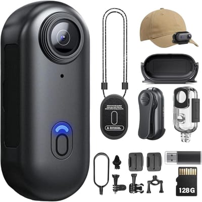 4K Actiecamera met 128GB – Mini Duimcamera met Clip – Handsfree POV Bodycam – Draagbare Vlog Camera – Helmcam voor Fiets & Motor
