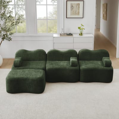 MODFU Modulaire Hoekbank met golfvorm en diepe zitting – 32D hoogelastisch schuim – Flexibel als L-vorm, U-vorm of 2-4 zits – Fluwelen bank voor woonkamer – Groen