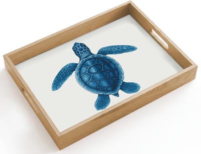 Dienblad hout 40x30 cm - Schootdienblad - Schildpad - Blauw - Schild - Borrelplank rechthoek - Plateau dienbladen