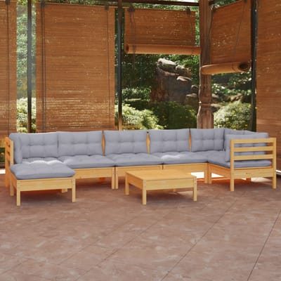 vidaXL - 8-delige - Loungeset - met - grijze - kussens - massief - grenenhout