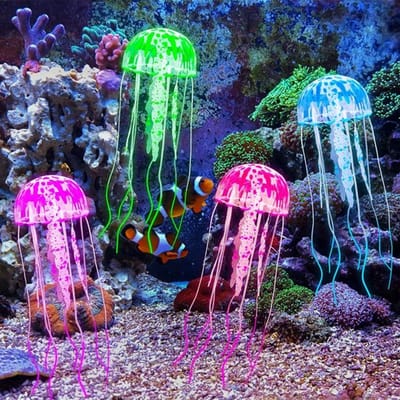 Decoratieve Kwallen Set van 4 - Aquarium Decoratie - Siliconen - Lichteffect - Zuignap - Afmetingen 5cm/13cm - Aquariumdecoratie