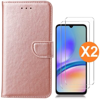 Hoesje geschikt voor Samsung Galaxy A05 bookcase Rose Goud - Met screenprotector tempered glass Galaxy A05 - 2x