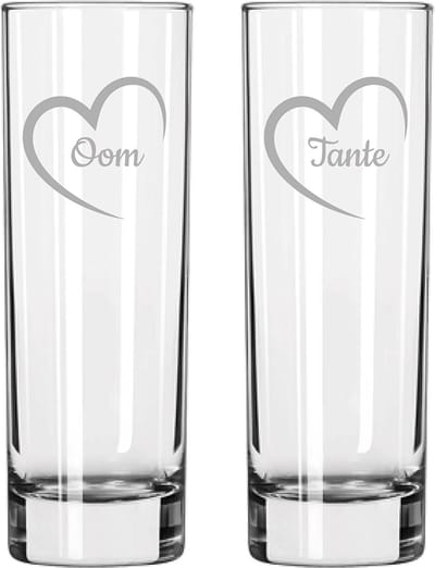 Gegraveerde longdrinkglas 22cl Tante met hartje & Oom met hartje