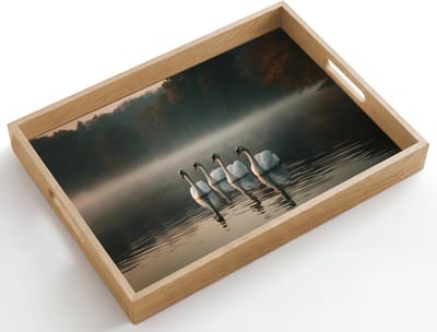 Dienblad hout 50x35 cm - Schootdienblad - Zwanen - Wit - Water - Mist - Borrelplank rechthoek - Plateau dienbladen