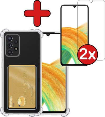 Hoesje - Geschikt voor Samsung Galaxy A33 - Met 2x Screenprotector - Pashouder - Kaarthouder - Back Cover - Telefoon Hoes Shockproof - Siliconen Case - Shock Proof - Pasjes Houder - Telefoonhoes - Transparant