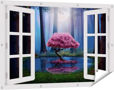 Gards Tuinposter Doorkijk Roze Boom op een Vijver in de Nacht - 120x80 cm - Tuindoek - Tuindecoratie - Wanddecoratie buiten - Tuinschilderij
