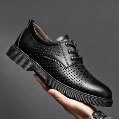 Zomer Nieuwe Jeugd Werkschoenen Heren Trendy Casual Eenvoudige Holle Mesh Leren Schoenen Ademend Leer Heren Gaten Schoenen 44