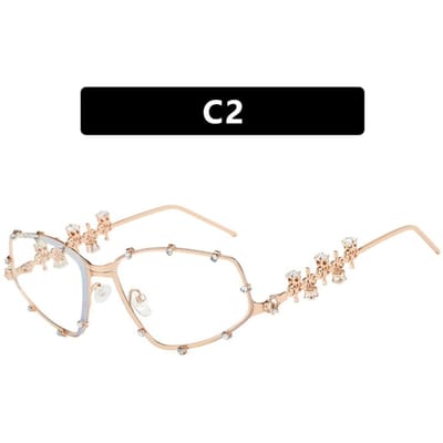 Monture Lunettes de Soleil Ovale Mode Lunettes Oeil de Chat Métal Strass Paillettes Lunettes de Fête Monture Surdimensionnée Lunettes pour Dames Hommes beige