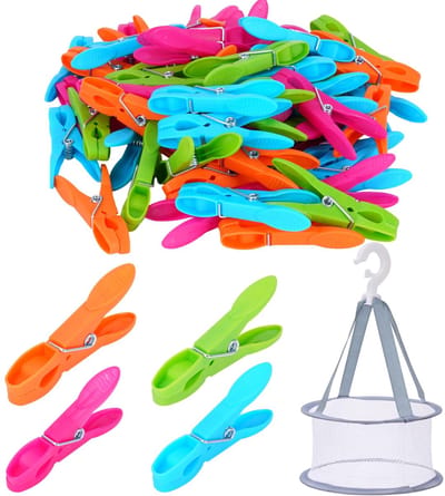 60 stuks grote wasknijpers, 4 kleuren van kunststof-wasknijpers met mand, kleurrijke veer-wasknijpers voor kleding en papieren handdoeken