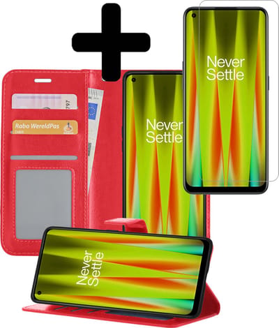 Hoesje - Met Screenprotector - Geschikt voor OnePlus Nord CE 2 - Luxe Pasjeshouder - Bookcase Portemonee - Flip Case - Kunstleer Book Case - Flipcase - Book Cover - Walletcase - Portemonneehoes - Telefoonhoesjes - Rood