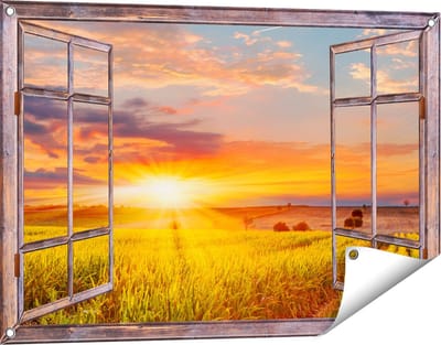 Gards Tuinposter Doorkijk Zonsopgang op het Maïsveld - 90x60 cm - Tuindoek - Tuindecoratie - Wanddecoratie buiten - Tuinschilderij