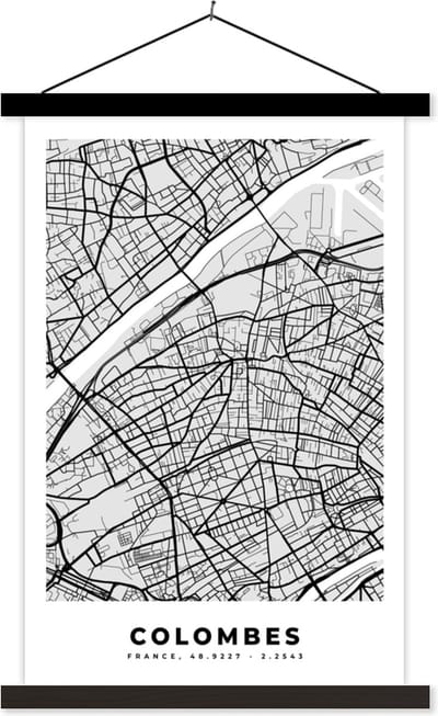 Posterhanger incl. Poster 40x60 cm - Schoolplaat - Frankrijk - Colombes - Stadskaart - Plattegrond - Kaart - Textielposter - Zwarte latten - Stadskaart