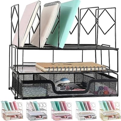 Bureau Organizer met Lade en 5 Verticale Secties – Desk Organizer Voor Kantoormaterialen (Zwart)