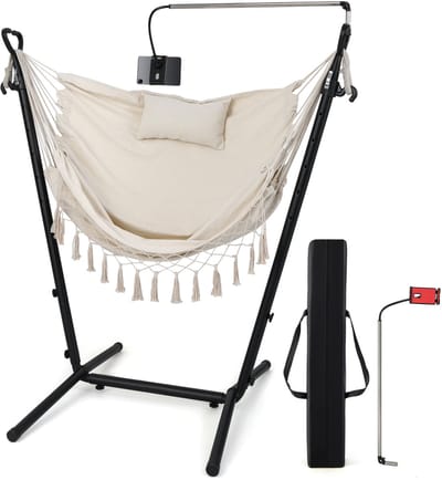 COSTWAY Hangstoel met frame, in hoogte verstelbare hangstoel met telefoonhouder, kussen en zijtas, hangstoel, hangstoel, hangschommel, belastbaar tot 250 kg, hangstoelframe voor binnen en buiten