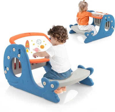 COSTWAY 4-in-1 kinderezel met bank, tekentafel met dubbelzijdig tafelblad en whiteboard, activiteitstafel en kinderbord in walvorm met legplank, voor kinderen vanaf 1 jaar