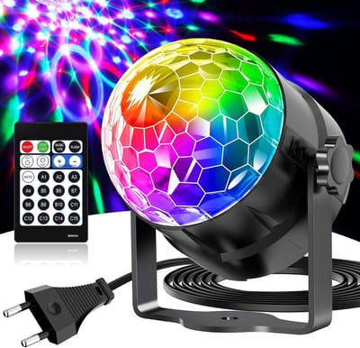 Discobal, 360° roterende muziekgestuurde discolamp, partylicht met afstandsbediening en 2 m stekkerkabel, 15 kleuren RGBP lichteffecten, discobal voor thuis, kinderen, verjaardag, feest