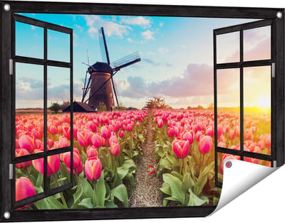 Gards Tuinposter Doorkijk Roze Tulpen Bloemenveld - met Windmolen - 90x60 cm - Tuindoek - Tuindecoratie - Wanddecoratie buiten - Tuinschilderij