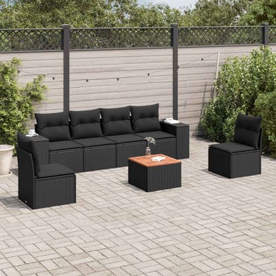 vidaXL - 7-delige - Loungeset - met - kussens - poly - rattan - zwart
