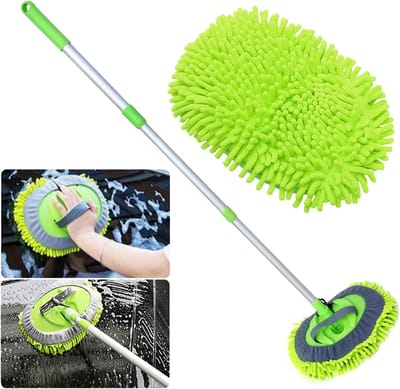Autowasserette Mop Mitt - Reinigingsborstel Duster - Auto Reinigen - 2-in-1 Afneembaar Ontwerp - 46 inch Lange Steel - Groen