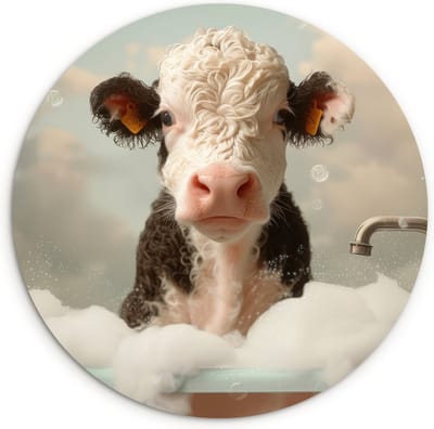 WallCircle® Wandcirkel 120x120 cm - Muurcirkel Kalf - Koe - Bad - Schuim - Dieren - Humor - Badkamer - Muurdecoratie woonkamer - Wanddecoratie slaapkamer - Kamer decoratie accessoires - Ronde schilderijen - Woonaccessoires binnen cirkel