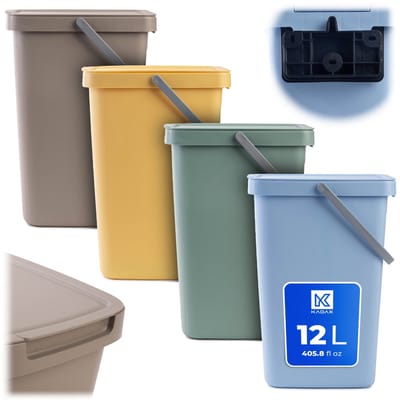 KADAX afvalbak 12L, set van 4, met deksel en handvat, kunststof afvalbak, prullenbak, afvalverzamelaar (bruin, groen, geel, blauw)