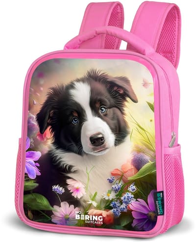 NoBoringSuitcases.com® - Rugzak roze - Schooltas meisjes - Hond met blauwe ogen in een veld - Kinder rugtas meisje - Boekentas kind - Kinderrugzak voor school - Schoolrugzak