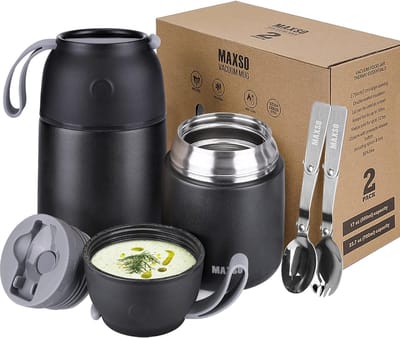 Thermo Voedselcontainers - Lunchpotten - Warme Lunch - Vacuüm Geïsoleerd - Set van 2 - Zwart