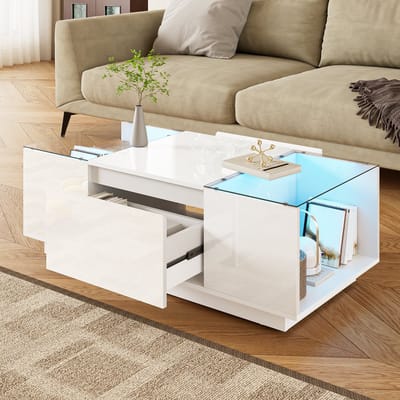 MODENUIT Salontafel - Met LED, 2 Lades En Glasplaten - Voor Woonkamer En Zithoek - Wit Spaanplaat - 105x50x35 Cm