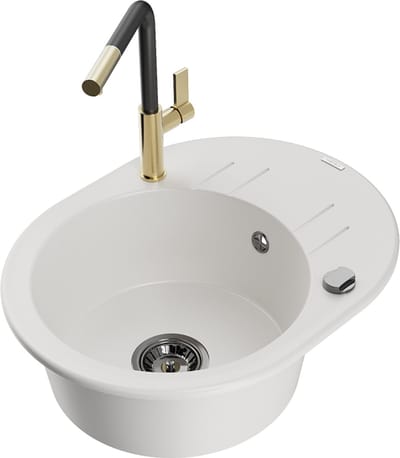 Mexen Kevin granieten spoelbak 1-kamer met afdruiprek en keukenmengkraan Flora, wit - 6517-20-670401-57-B