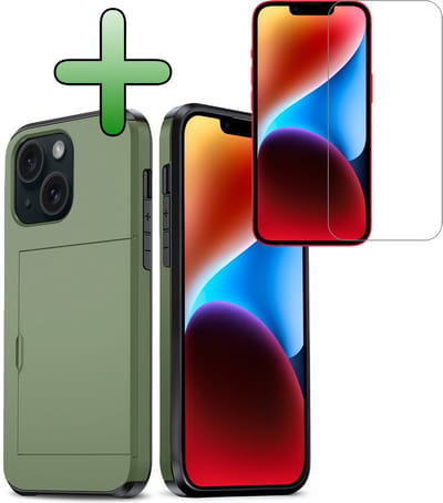 Hoes Geschikt voor iPhone 14 Hoesje Hard Case Met Pas Houder Met Screenprotector - Hoesje Geschikt voor iPhone 14 Hoes Shockproof Hard Cover Met Kaarthouder - Donkergroen