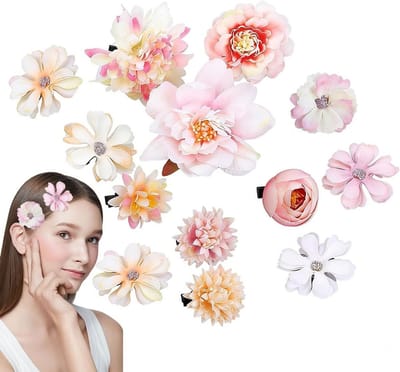 12 Stuks Haarklemmen met Roze en Witte Bloemen, Boho Haarspelden voor Feest, Strand en Bruiloft, Perfecte Accessoires voor Haarstyling