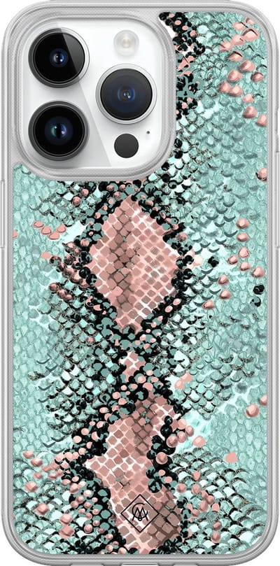 Casimoda® hoesje - Geschikt voor iPhone 14 Pro - Slangenprint pastel mint - 2-in-1 case - Schokbestendig - Slangenprint - Verhoogde randen - Mint, Transparant