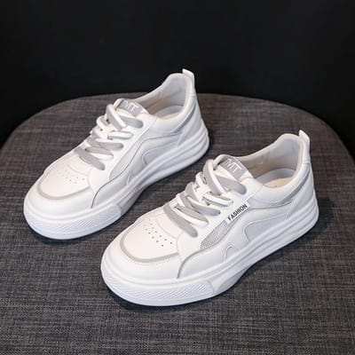 Echte Zachte Leren Sneakers Dames Lente Nieuwe Dikke Zool Mesh Ademend Student Casual Alles-match Kleine Witte Schoenen 40