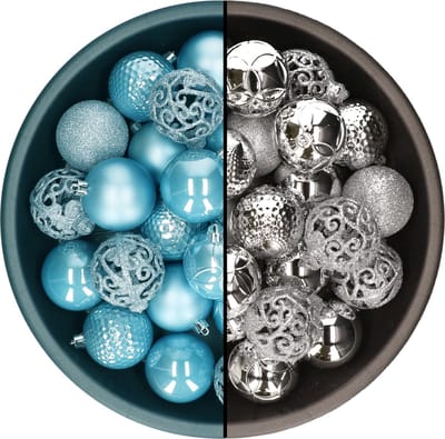 Decoris kerstballen - 74x st - zilver en ijsblauw - 6 cm - kunststof