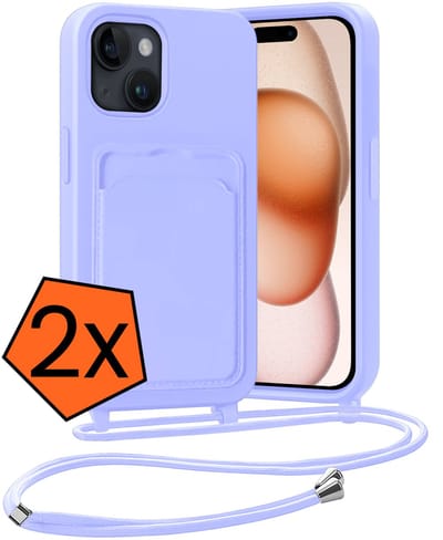 Hoesje Geschikt voor iPhone 15 Plus Hoesje Met Telefoonketting Pasjeshouder Case Koord - Hoesje Geschikt voor iPhone 15 Plus Hoes Met Kaarthouder - Lila - 2 PACK
