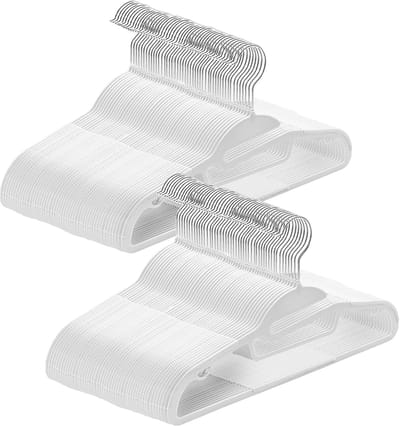 APY04100W Kunststof hangers, 100 stuks, U-vormige opening, ruimtebesparend, stevig en duurzaam, antislip, met rubber en horizontale balk, 360° draaibare haak, 41,5 x 0,5 x 22,5 cm, wit