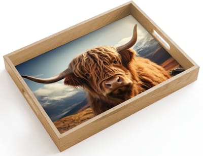 Dienblad hout 40x30 cm - Schootdienblad - Schotse hooglander - Hoorns - Bergen - Landschap - Borrelplank rechthoek - Plateau dienbladen