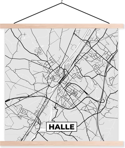 Posterhanger incl. Poster 40x40 cm - Schoolplaat - Zwart Wit – België – Plattegrond – Stadskaart – Kaart – Halle - Textielposter - Blanke latten - Stadskaart