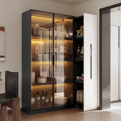 DESMIU Vitrinekast - Met Ledverlichting En Uittrekbare Opbergkast - Voor Woonkamer Kantoor En Slaapkamer - MDF En Glas - 110,5x35x160 Cm - Zwart Wit
