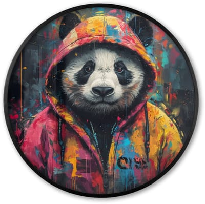 Poster in lijst Rond - Fotolijst 60x60 cm - Posters - Graffiti - Panda - Jas - Kleurrijk - Street art - Ronde posterlijst zwart - Decoratie - Wanddecoratie woonkamer - Muurdecoratie slaapkamer