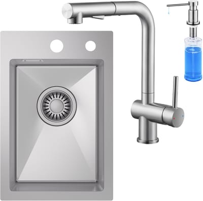 CECIPA max Spoelbak Met Kraangat - 30x45 cm Spoelbak Keuken Met Uittrekbare Keukenkraan en Zeepdispenser 300ML - Enkele spoelbak - Spoelbakken met afdruip - Spoelbakken Keuken - RVS