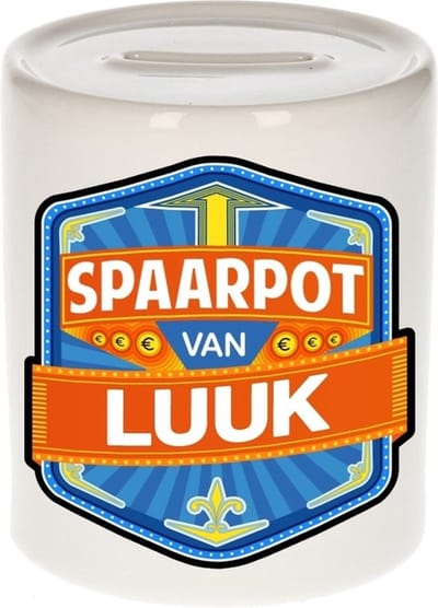 Bellatio Decorations Kinder spaarpot met naam - Luuk - keramiek - met dop - wit - Sparen - Spaargeld van Luuk