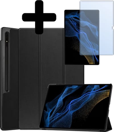 Hoes Geschikt voor Samsung Galaxy Tab S10 Ultra Hoes Luxe Hoesje Case Met Uitsparing Geschikt voor S Pen Met Screenprotector - Hoesje Geschikt voor Samsung Tab S10 Ultra Hoes Cover - Zwart