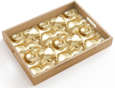Dienblad hout 40x30 cm - Schootdienblad - Vloeibaar - Druppels - Goud - Borrelplank rechthoek - Plateau dienbladen