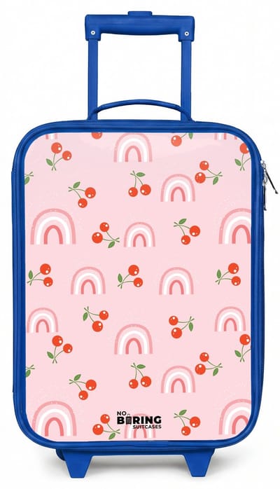 NoBoringSuitcases.com® - Kinderkoffer blauw - Kindertrolley jongen - Roze met regenboog en kersen patroon - Koffer kind lichtgewicht - Reiskoffer trolley voor kinderen - Koffertje met lichtgevende wieltjes - Rolkoffer