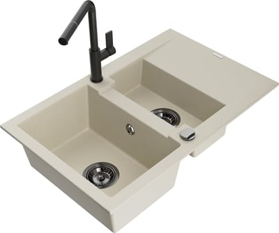 Mexen Gaspar granieten spoelbak 1,5-komoren met druiprek en keukenmengkraan Flora, beige - 6507-69-670401-70-B
